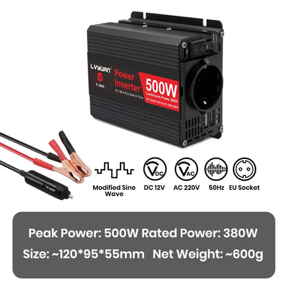 Автомобилен DC-AC инвертор 12V към 220V, 50 Hz, модифицирана синусоида, USB изход, 500–2600 W