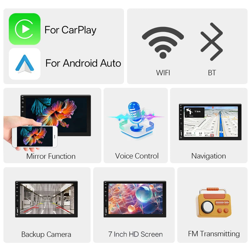 7" 1-DIN авторадио с CarPlay/Android Auto, HD сензорен екран, Bluetooth, FM, AUX, MirrorLink