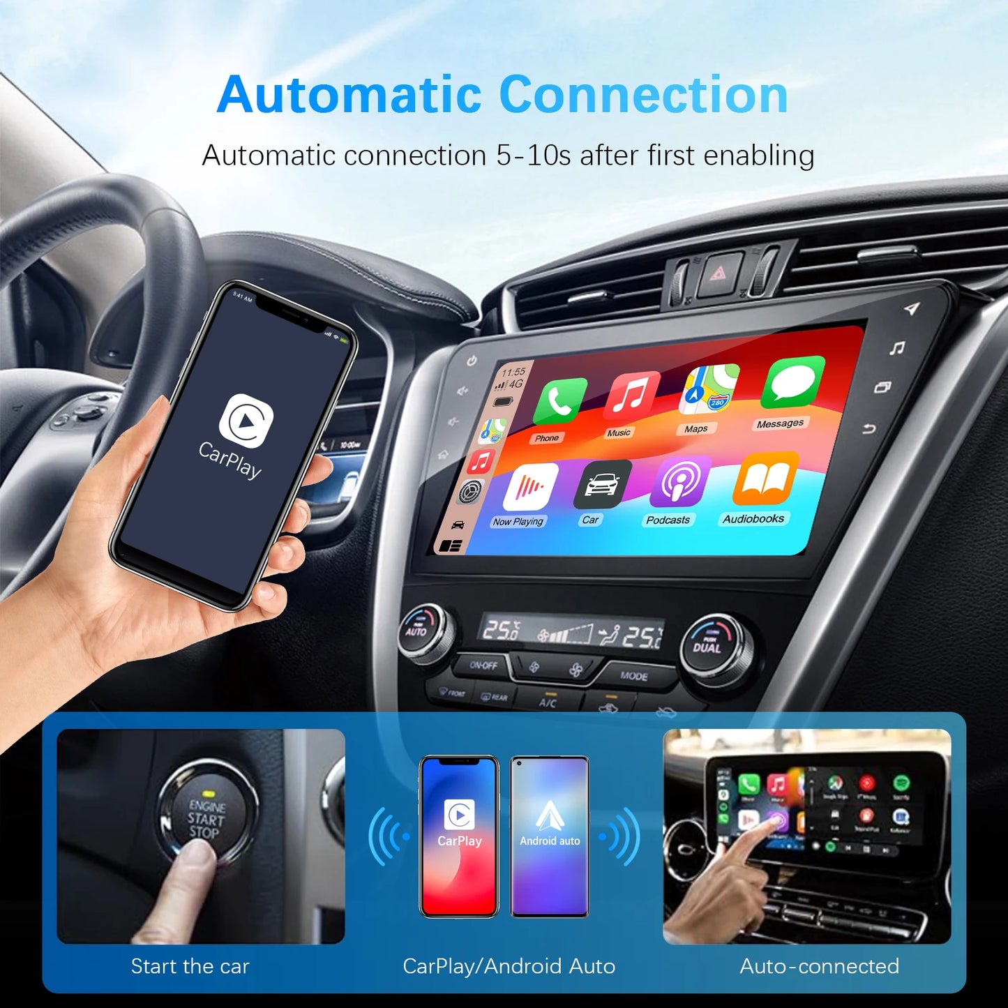 Безжичен адаптер 2-в-1 CarPlay/Android Auto Ezonetronics, съвместим с Mercedes‑Benz, VW Golf, BMW, Audi, Honda, Toyota