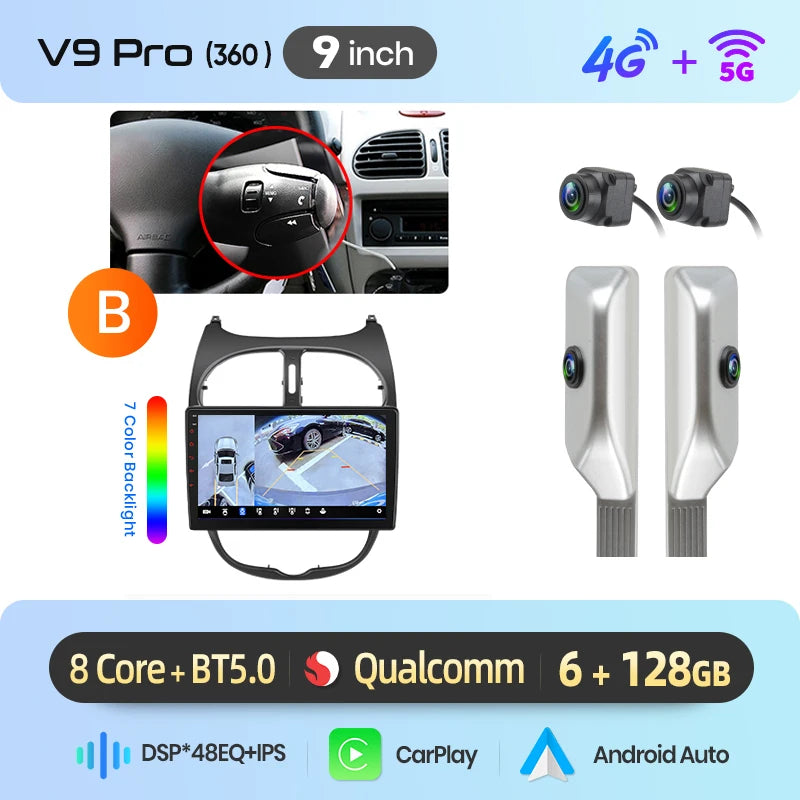 Junsun 9" Android 15 2DIN автомобилна мултимедия за Peugeot 206/206 CC/206 SW (2000–2008), IPS дисплей, GPS навигация, Bluetooth 4.0, Wireless Apple CarPlay и Android Auto