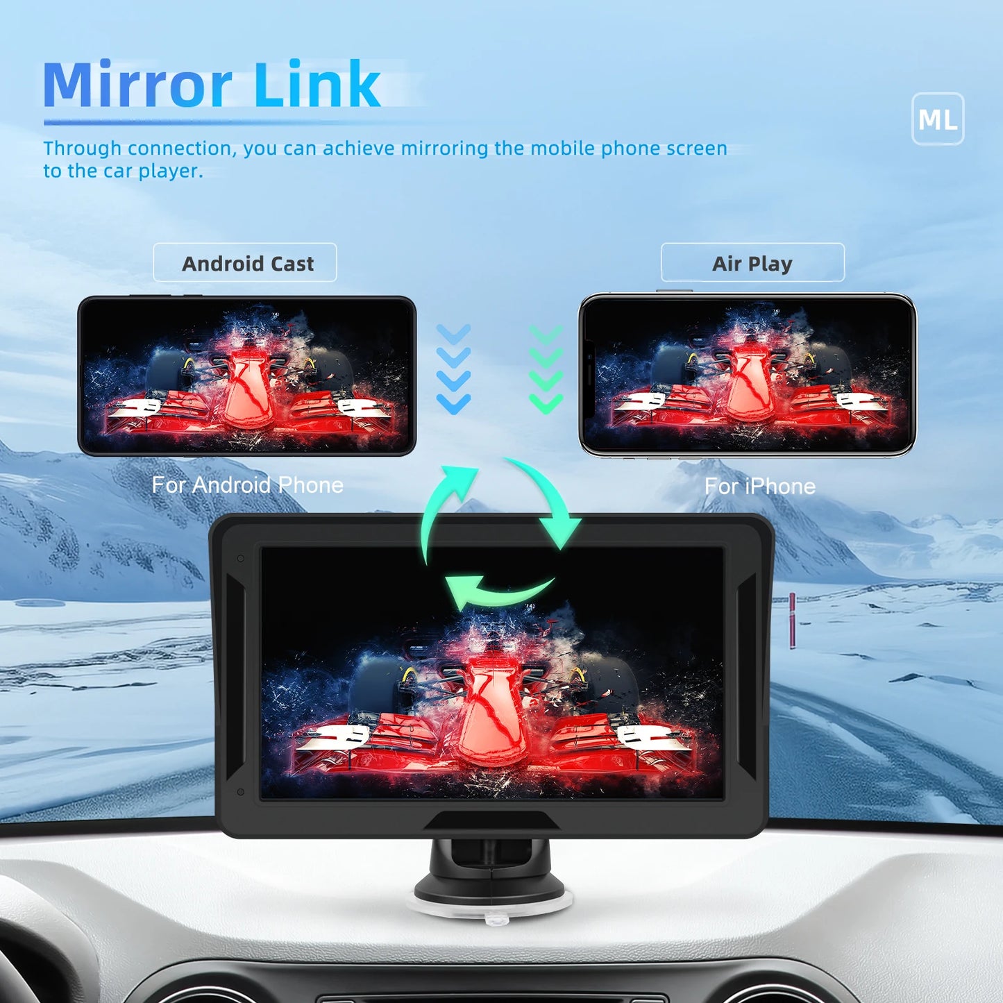 Podofo 7" преносим автомобилен дисплей с безжичен CarPlay/Android Auto, AirPlay, Bluetooth, FM трансмитер, AUX, HD 1024x600