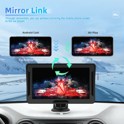 Podofo 7" преносим автомобилен дисплей с безжичен CarPlay/Android Auto, AirPlay, Bluetooth, FM трансмитер, AUX, HD 1024x600