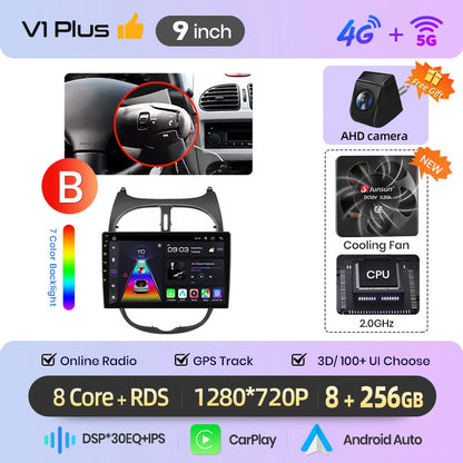 Junsun 9" Android 15 2DIN автомобилна мултимедия за Peugeot 206/206 CC/206 SW (2000–2008), IPS дисплей, GPS навигация, Bluetooth 4.0, Wireless Apple CarPlay и Android Auto