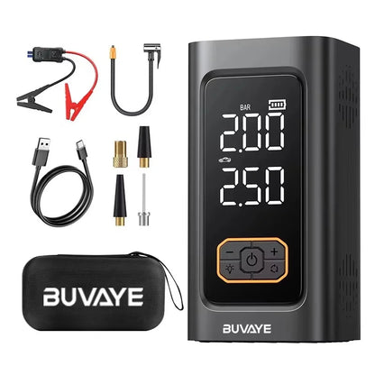 BUVAYE пусково устройство за автомобил 10000 mAh с вграден компресор и power bank за бензинови и дизелови автомобили