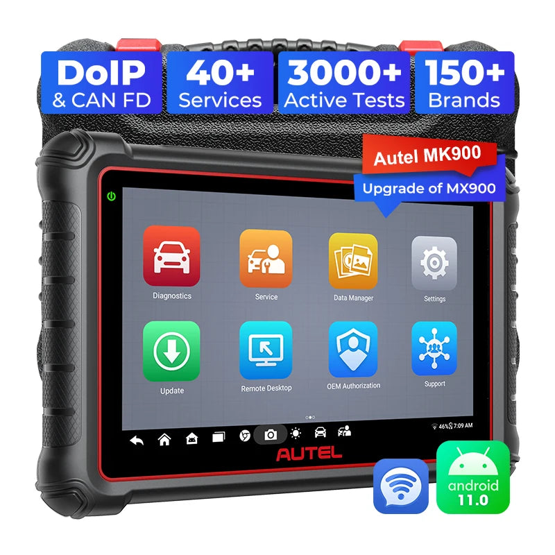 Autel MaxiCOM MK900 диагностичен уред OBD2 – всички системи, 40+ сервизни функции, двупосочно управление, активни тестове, DoIP/CAN FD, Android 11, 8" дисплей, 4GB/64GB