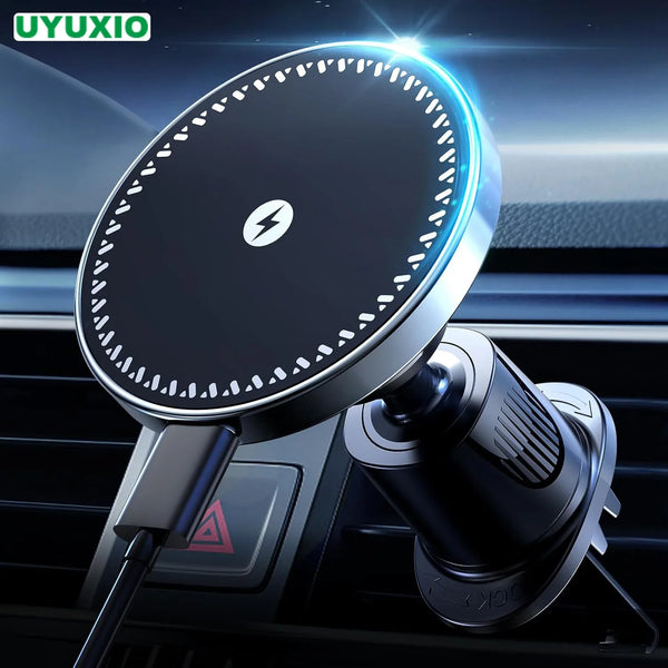 UYUXIO Магнитно безжично зарядно за кола 15W с поставка за вентилационна решетка, съвместимо с iPhone 12–16