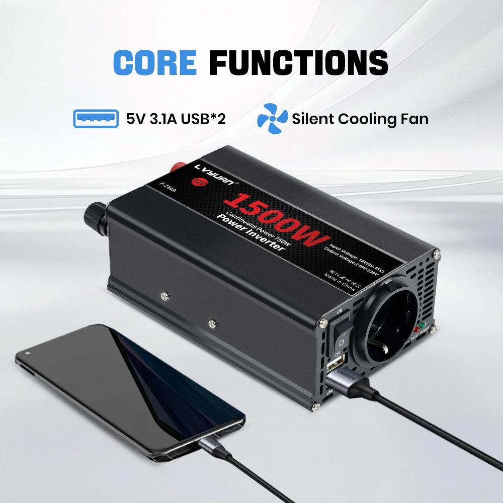 Автомобилен DC-AC инвертор 12V към 220V, 50 Hz, модифицирана синусоида, USB изход, 500–2600 W