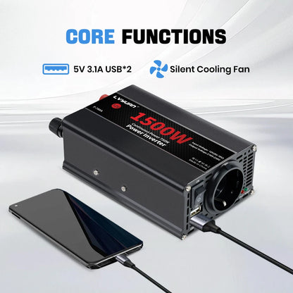 Автомобилен DC-AC инвертор 12V към 220V, 50 Hz, модифицирана синусоида, USB изход, 500–2600 W
