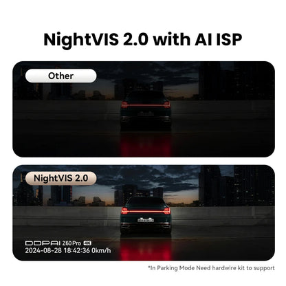DDPAI Z60 Pro 4K двуканален автомобилен видеорегистратор (предна и вътрешна камера), HDR, сензор Sony STARVIS 2 IMX678, 5 GHz Wi‑Fi, GPS, ADAS, 4G