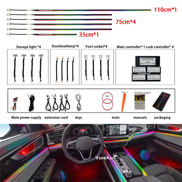 LED амбиентно осветление за интериор на автомобил, комплект 18-в-1, RGB 64 цвята, акрилни ленти