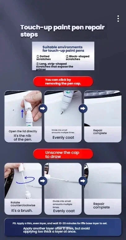 Ретуш маркер за боя и драскотини за Dacia Duster (2010–2025), цветове: черен B20, оранжев, червен, син, сребрист, бял