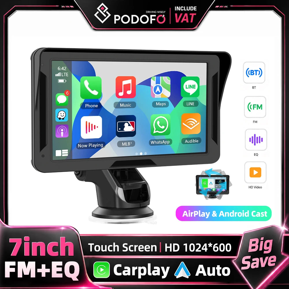 Podofo 7" преносим автомобилен дисплей с безжичен CarPlay/Android Auto, AirPlay, Bluetooth, FM трансмитер, AUX, HD 1024x600