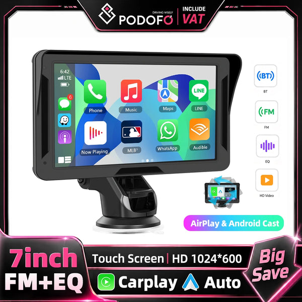 Podofo 7" преносим автомобилен дисплей с безжичен CarPlay/Android Auto, AirPlay, Bluetooth, FM трансмитер, AUX, HD 1024x600