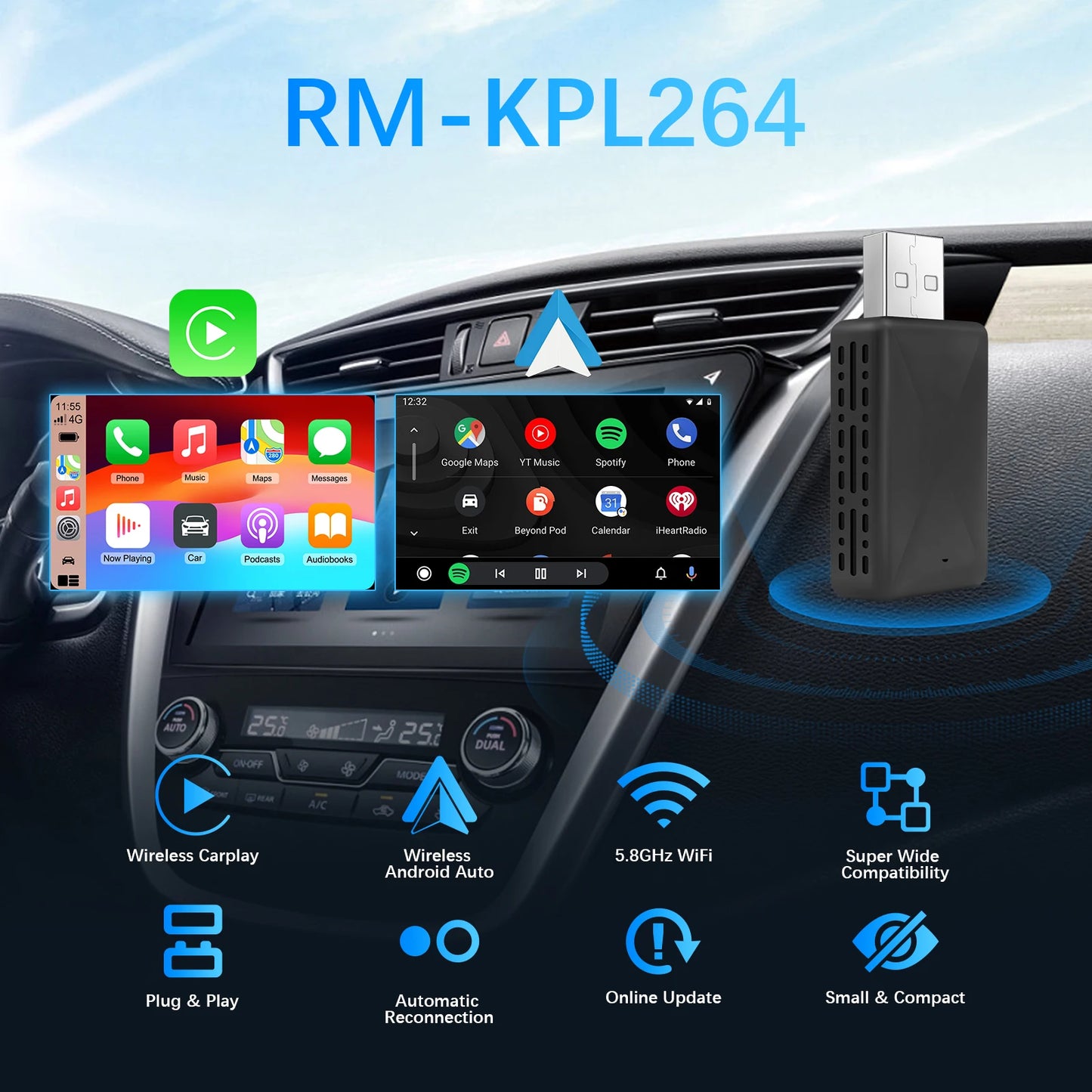 Безжичен адаптер 2-в-1 CarPlay/Android Auto Ezonetronics, съвместим с Mercedes‑Benz, VW Golf, BMW, Audi, Honda, Toyota