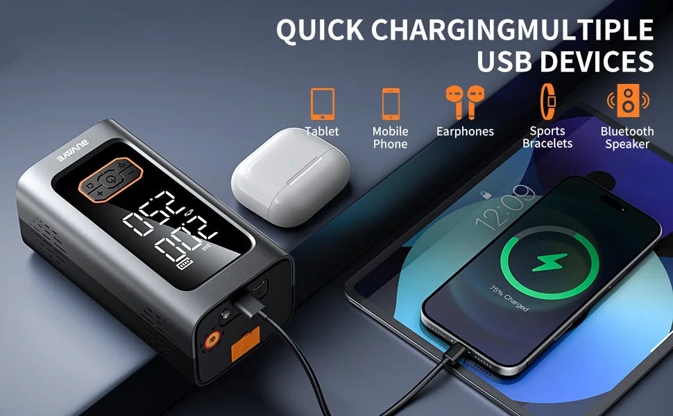 BUVAYE пусково устройство за автомобил 10000 mAh с вграден компресор и power bank за бензинови и дизелови автомобили