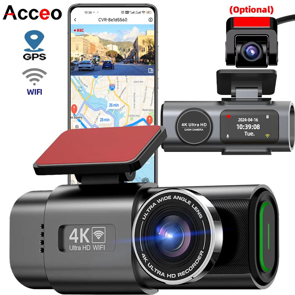 Автомобилен видеорегистратор 4K UHD с нощно виждане, вграден Wi‑Fi, GPS и режим паркиране 24/7