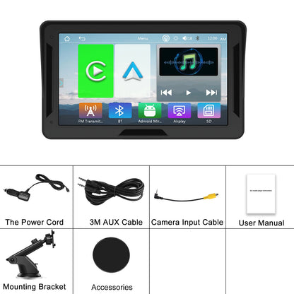 Podofo 7" преносим автомобилен дисплей с безжичен CarPlay/Android Auto, AirPlay, Bluetooth, FM трансмитер, AUX, HD 1024x600
