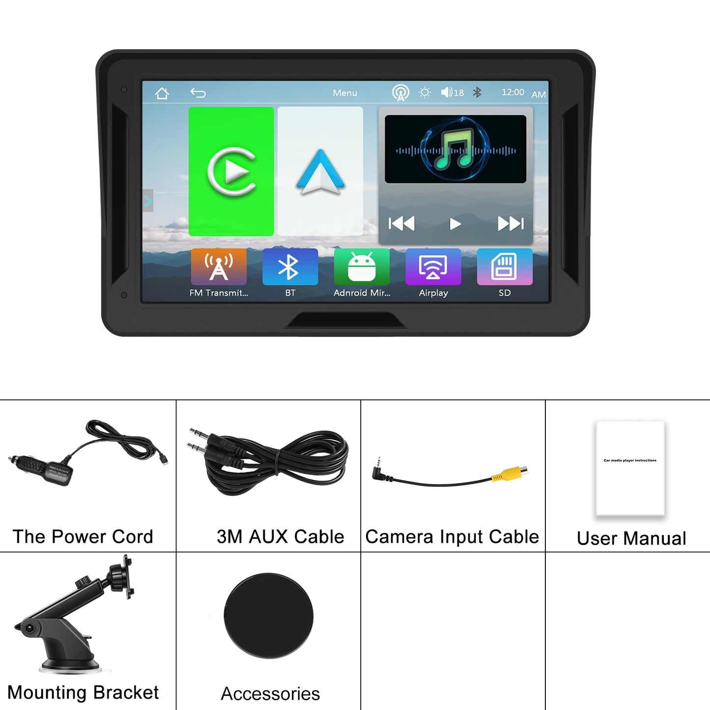Podofo 7" преносим автомобилен дисплей с безжичен CarPlay/Android Auto, AirPlay, Bluetooth, FM трансмитер, AUX, HD 1024x600