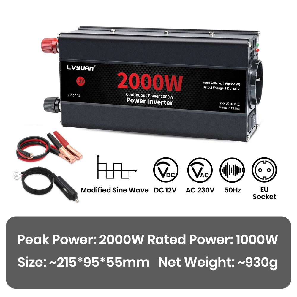 Автомобилен DC-AC инвертор 12V към 220V, 50 Hz, модифицирана синусоида, USB изход, 500–2600 W