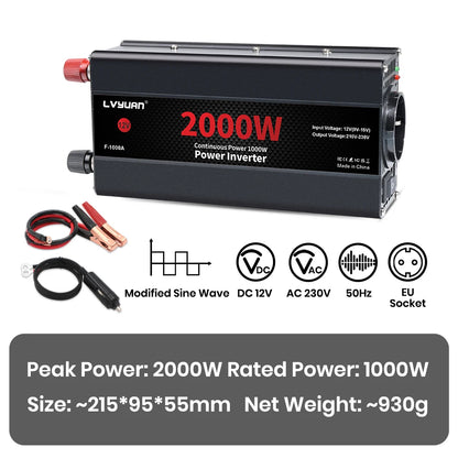 Автомобилен DC-AC инвертор 12V към 220V, 50 Hz, модифицирана синусоида, USB изход, 500–2600 W