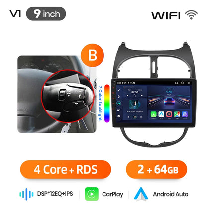 Junsun 9" Android 15 2DIN автомобилна мултимедия за Peugeot 206/206 CC/206 SW (2000–2008), IPS дисплей, GPS навигация, Bluetooth 4.0, Wireless Apple CarPlay и Android Auto